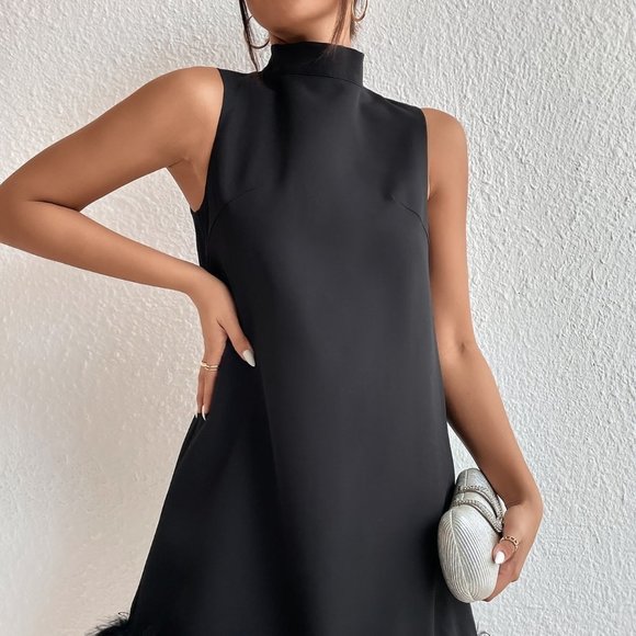 Black Preppy Womens Stand Neck Fuzzy Trim Dress - Picture 3 of 5